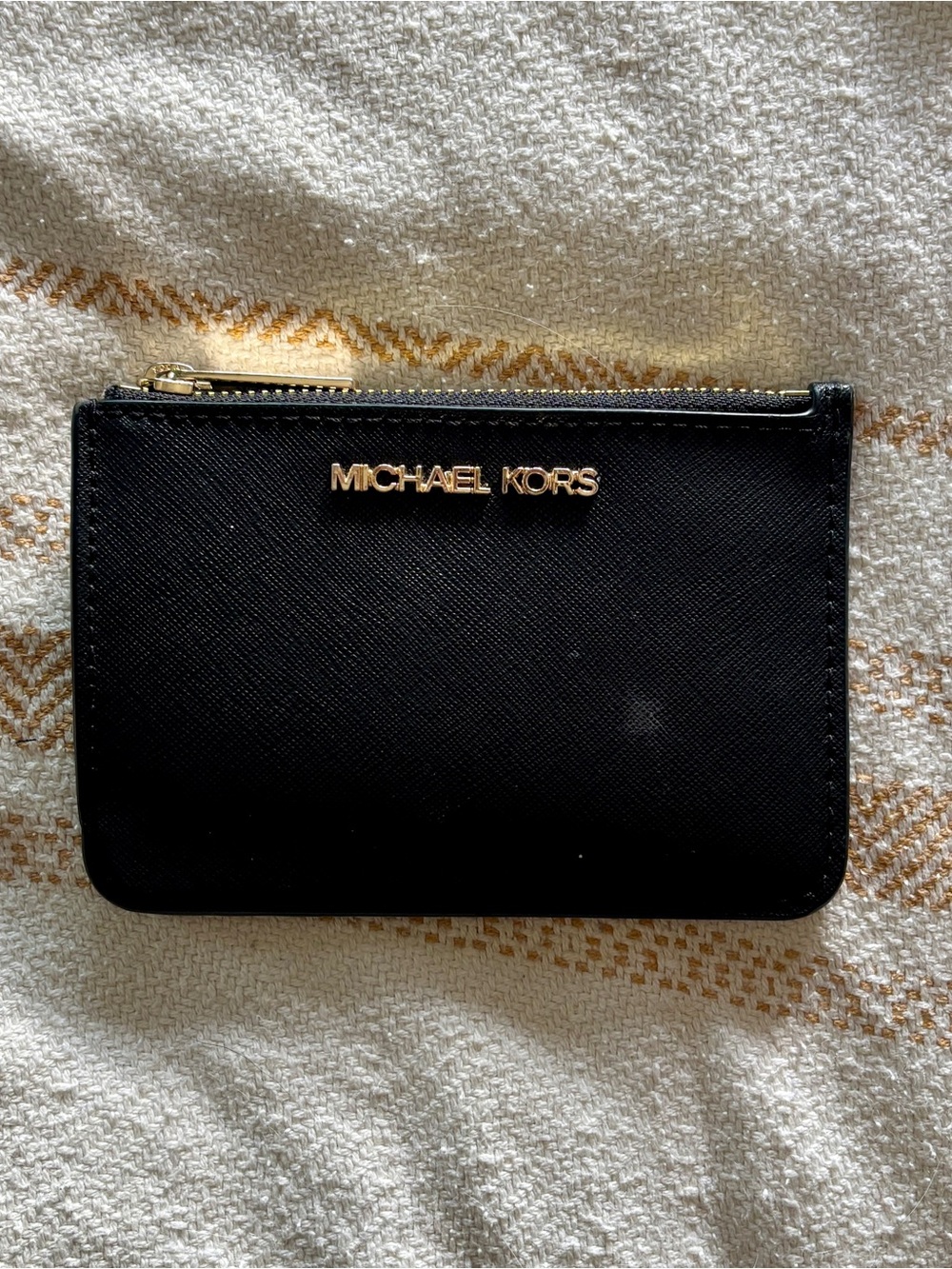 Michael Kors Black Saffiano Card ID Wallet with Gold Zip